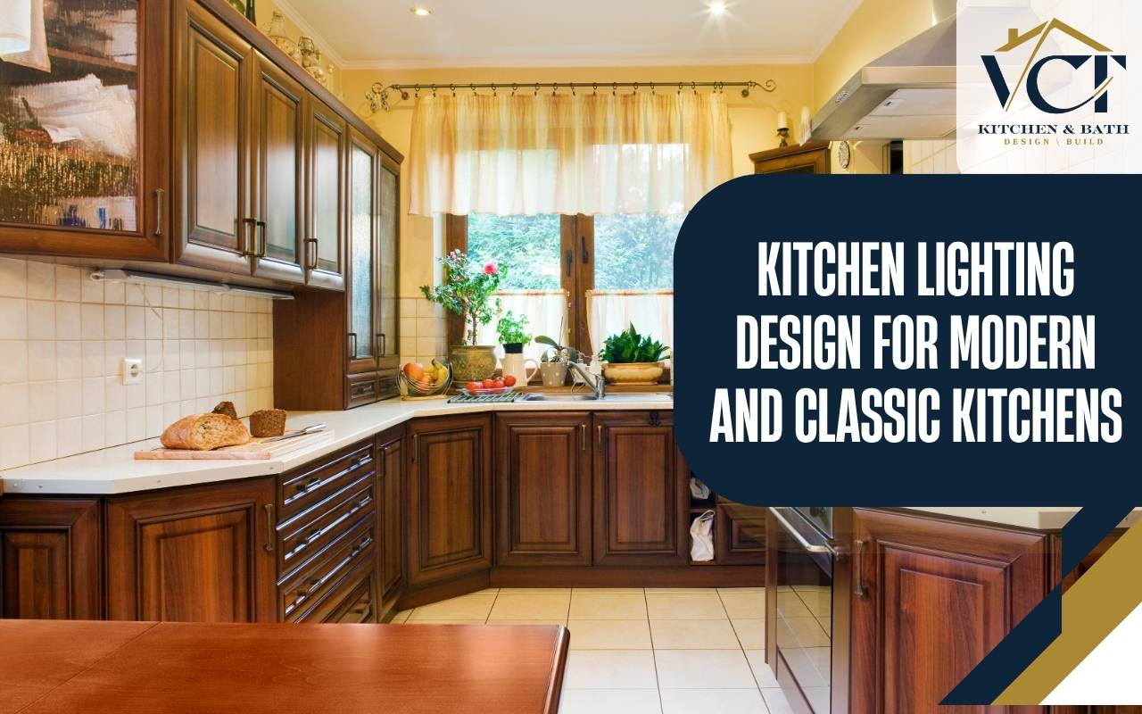 Traditional kitchen lighting fixtures over island and dining area