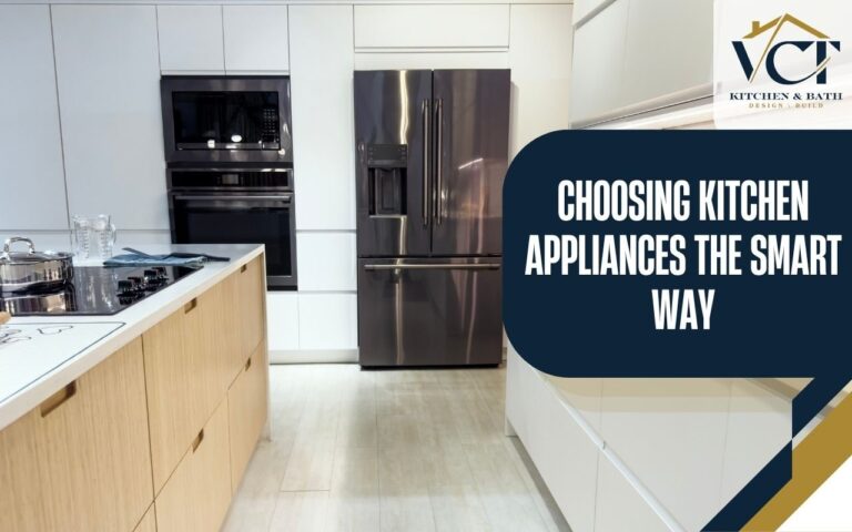 Built-in oven and refrigerator installed in modern kitchen layout