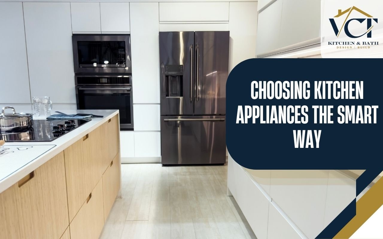 Built-in oven and refrigerator installed in modern kitchen layout