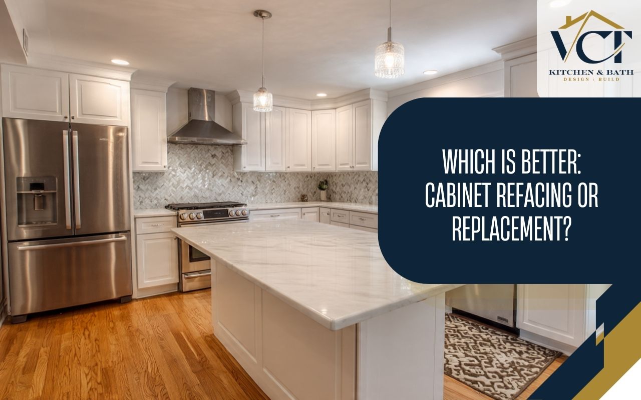 Cabinet Refacing vs Replacement for Columbia MD kitchen with updated white shaker doors and wood floors