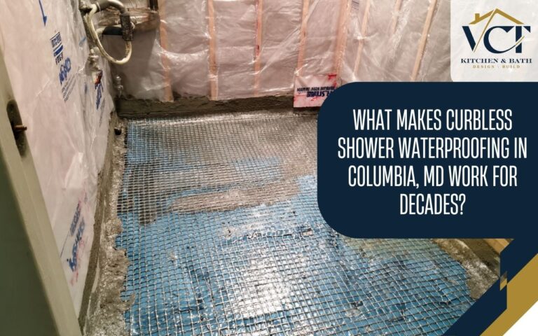 Curbless shower waterproofing in Columbia, MD with sealed floor membrane