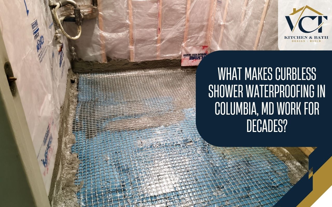 Curbless shower waterproofing in Columbia, MD with sealed floor membrane