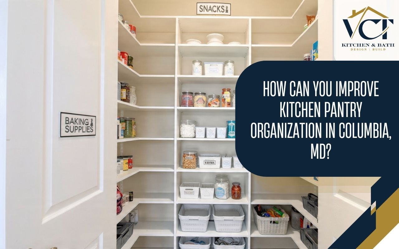 Kitchen pantry organization in Columbia, MD with labeled pantry zones