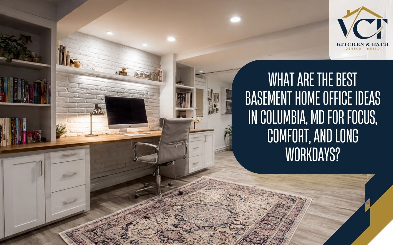 Basement home office ideas in Columbia, MD with layered lighting and bright finishes