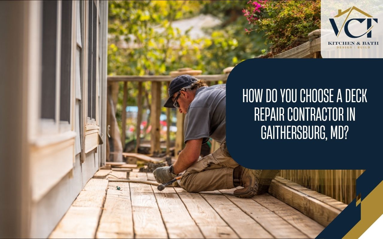 Deck repair contractor in Gaithersburg, MD inspecting deck framing