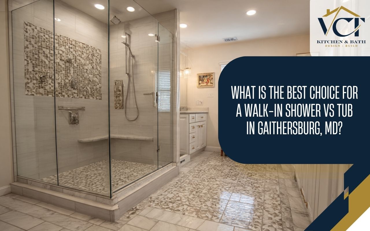 walk-in shower vs tub in Gaithersburg, MD in a modern bathroom layout