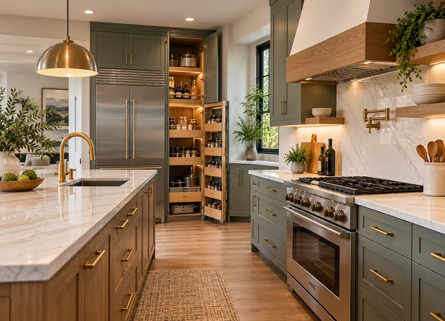 Modern kitchen with pull-out pantry storage and organized cabinetry