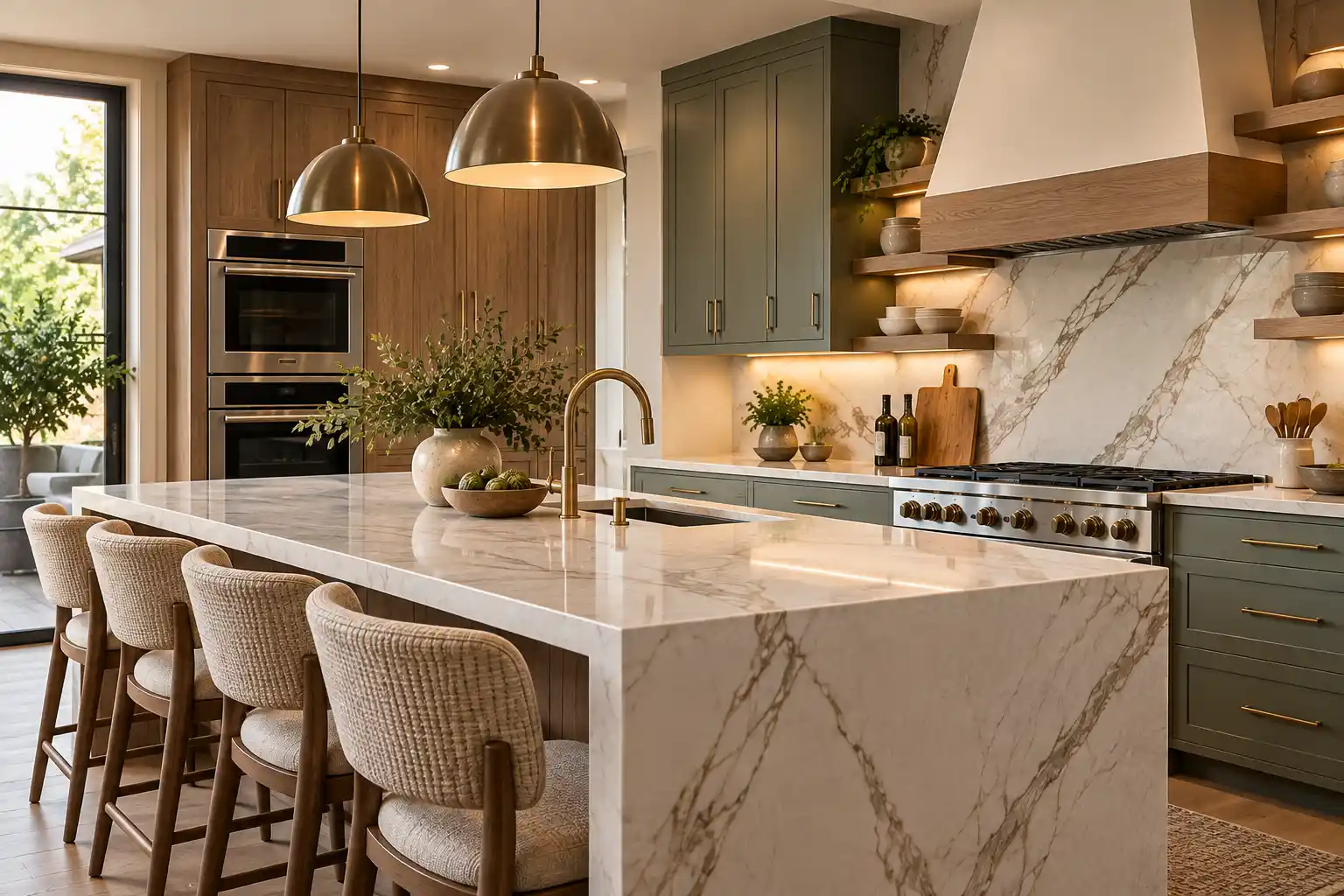 Modern kitchen with waterfall stone island and full-height slab backsplash