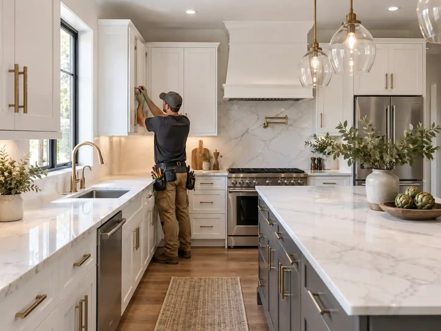 cabinet installer in a bright modern kitchen