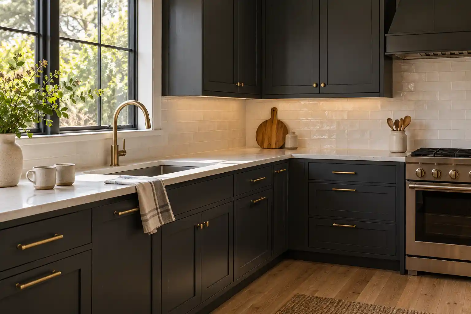 dark cabinets light countertops
